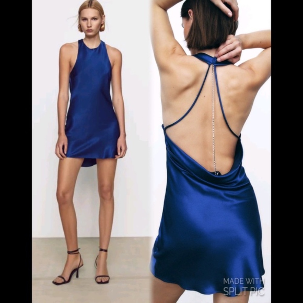 ZARA Blue Open Back Jewel Chain Satin Dress 3564/198 Small